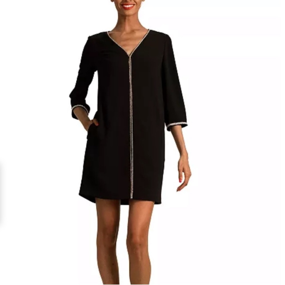 Trina Turk Black Shift Dress with Rhinestone Center Trim